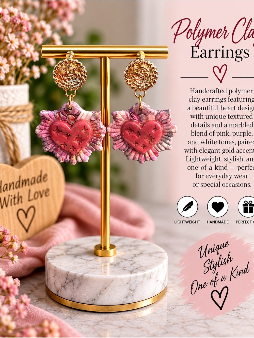 Pink Heart Polymer Clay Drop Earrings with Gold Accents